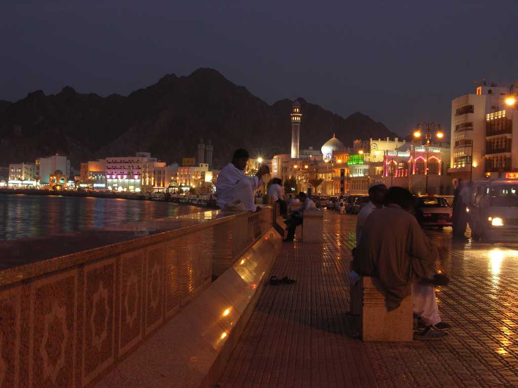 Muscat 03 Mutrah 12 Corniche Just After Sunset Mutrah is especially beautiful at night with the lights reflecting off the water and the white facades of the old merchants' houses that front the promenade.